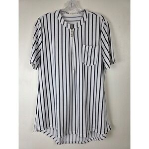 Bulotus Top Shirt Womens XL White Black Striped Short Sleeve with Zipper Casual